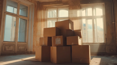 A pile of cardboard boxes in an empty apartment, with sunlight streaming through the windows.の素材