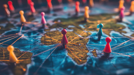 A pin-and-string network overlaying a world map, with glowing threads indicating major data pathways.の素材