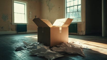 A single open cardboard box in an empty apartment, with packing paper spilling out.の素材