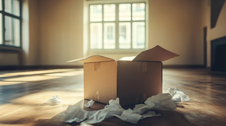 A single open cardboard box in an empty apartment, with packing paper spilling out.の素材