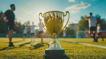 A soccer field with a golden trophy cup in focus, and players in the background celebrating.の素材
