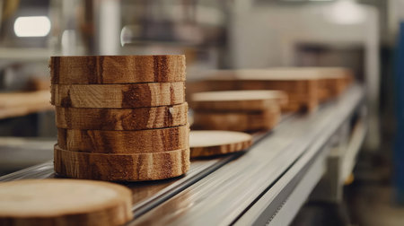 A stack of freshly cut wood planks on a conveyor belt in a busy woodworking factory.の素材
