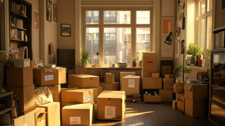 A studio apartment filled with cardboard boxes, some labeled with Fragile stickers.の素材