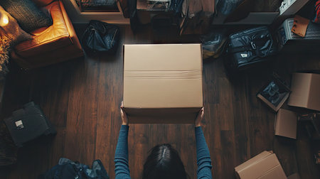 A person opening a large cardboard box in a cluttered apartment filled with packed items.の素材