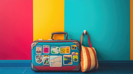 A suitcase with travel stickers and a neck pillow hanging from its side, placed near a colorful wall.の素材