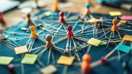 A workspace with a corkboard covered in a pin-and-string network and sticky notes for project planning.の素材