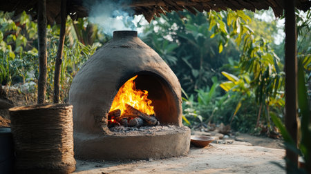 A traditional outdoor clay furnace with fire blazing, used for pottery making.の素材