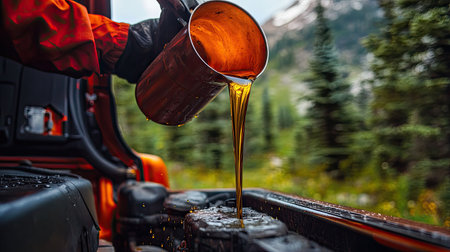 Mechanic using a funnel to avoid spills while pouring motor oil into a truck engineの素材