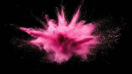Explosion of bright pink powder against a dark background, with particles radiating outwardの素材