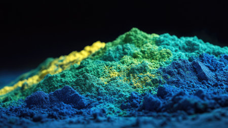 Explosion of vivid blue and yellow powder, blending to form shades of green in the overlapping particlesの素材