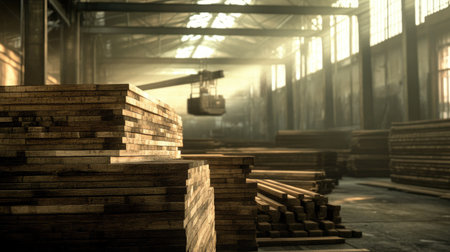 Stacks of wooden beams in a warehouse, with an industrial crane in the background.の素材