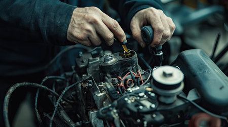 Person refueling a lawnmower's small engine with oil, focusing on the compact machineryの素材