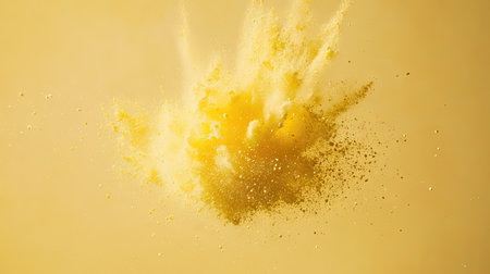 High-speed capture of yellow powder bursting, creating a sunburst effect against a neutral backgroundの素材
