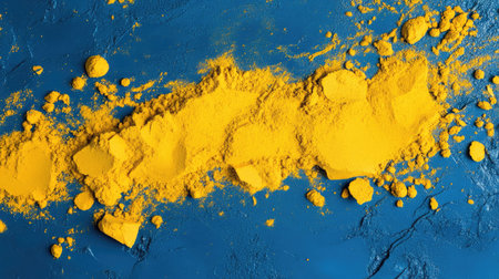 Explosion of vivid yellow powder blending seamlessly with cool shades of blueの素材