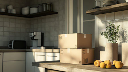 Cardboard boxes stacked in a corner of a bright kitchen in an urban apartment.の素材
