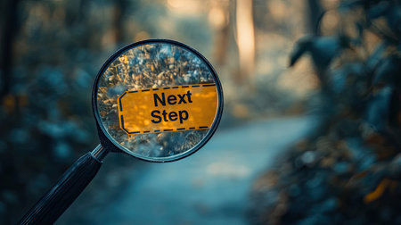 Magnifying glass zooming in on a road sign labeled Next Step on a blurry pathwayの素材