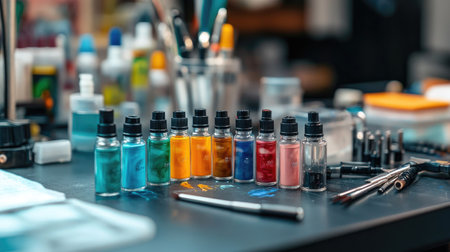 Professional tattoo setup showing clean ink caps filled with vivid shades of ink next to sterilized toolsの素材