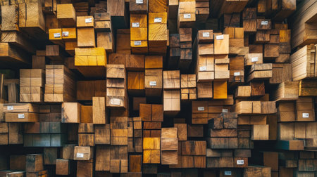 Rows of processed lumber stacked and labeled with tags in an organized warehouse.の素材