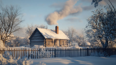 Quaint wooden cottage surrounded by a snowy picket fence, with smoke curling from the chimneyの素材