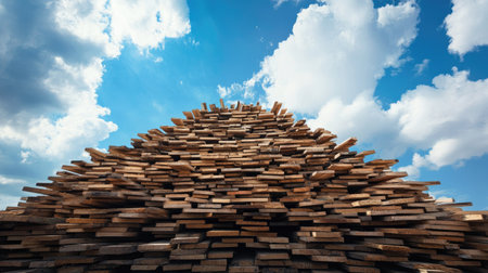 Sawn wood planks arranged in a pyramid shape for drying under an open sky.の素材
