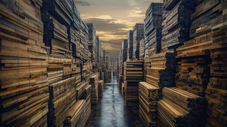 Stacks of long, narrow wooden planks stretching into the distance in a lumberyard.の素材