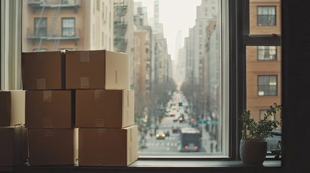 Cardboard boxes stacked near a window in an apartment, with a view of a busy city street below.の素材
