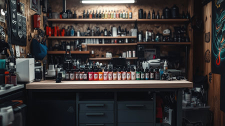 Clean and organized workspace showing tattoo ink bottles labeled and aligned for easy accessの素材