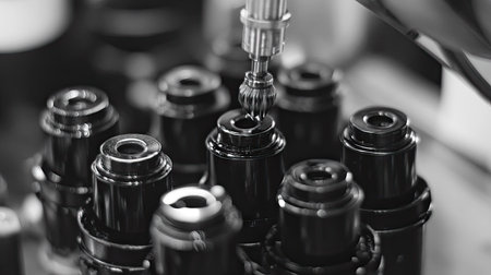 Black and white close-up of a tattoo machine being prepared, with ink caps filled with dark inkの素材