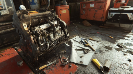 Mechanic cleaning up after refueling an engine, wiping down tools and the work areaの素材