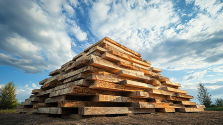 Sawn wood planks arranged in a pyramid shape for drying under an open sky.の素材