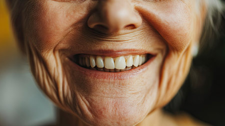 The crow's feet around the eyes of an older individual smiling warmly.の素材