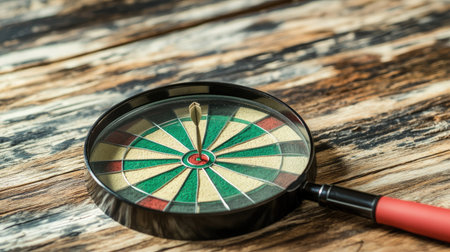 Focused view of a magnifying glass zeroing in on a dart hitting the center of a dartboardの素材