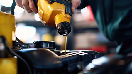 Person refueling a lawnmower's small engine with oil, focusing on the compact machineryの素材