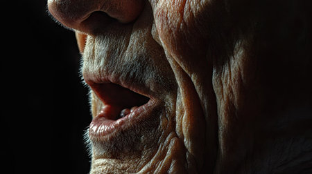 The detailed folds of skin around the mouth of an elderly man while speaking.の素材