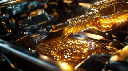 Golden motor oil flowing from a bottle into an engine with a shiny metallic surfaceの素材