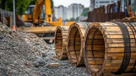 Stacked wooden cable drums in a construction site, surrounded by gravel and heavy machinery.の素材