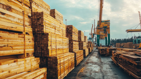 Tall stacks of timber beams ready for export at a busy shipping dock.の素材