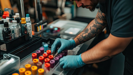 Tattoo artist setting up colorful ink caps on a workstation, with needles and machines nearbyの素材