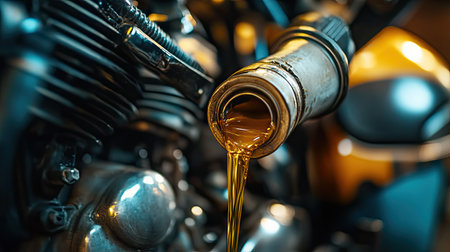 Step-by-step process of refueling a motorbike engine with oil, captured in detailの素材