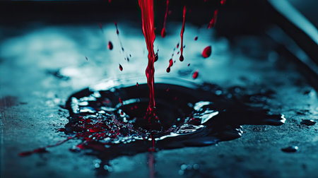 Macro view of ink flowing smoothly into a cap, with droplets splattering slightly on a metal trayの素材