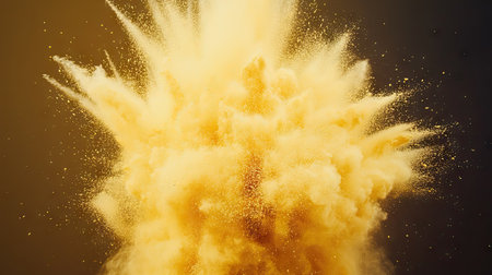 High-speed capture of yellow powder bursting, creating a sunburst effect against a neutral backgroundの素材