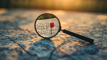 Focused magnifying glass zooming in on a small red flag on a detailed roadmapの素材