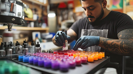 Tattoo artist setting up colorful ink caps on a workstation, with needles and machines nearbyの素材