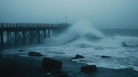 Moody waves surging against a pier and scattered coastal rocks in misty weatherの素材