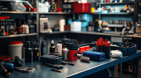 Professional setup of tools and oil products on a garage workbench before engine refuelingの素材