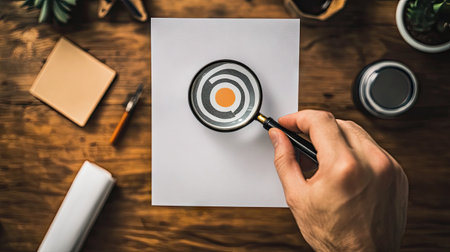 Person holding a magnifying glass to examine a small target icon printed on paperの素材