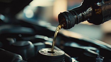 Modern oil bottle with an easy-pour spout in use, refueling a car's engine smoothlyの素材