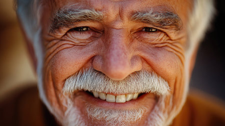 The crow's feet around the eyes of an older individual smiling warmly.の素材