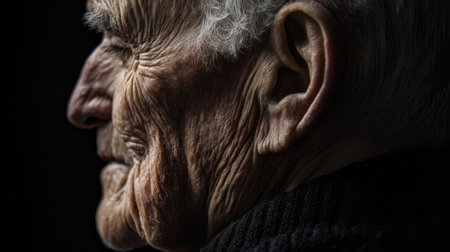 The detailed lines and folds on the neck of an elderly man, captured in a profile view.の素材