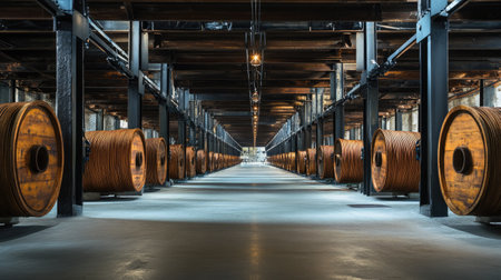 Rows of wooden cable drums under a steel-framed warehouse with a concrete floor.の素材